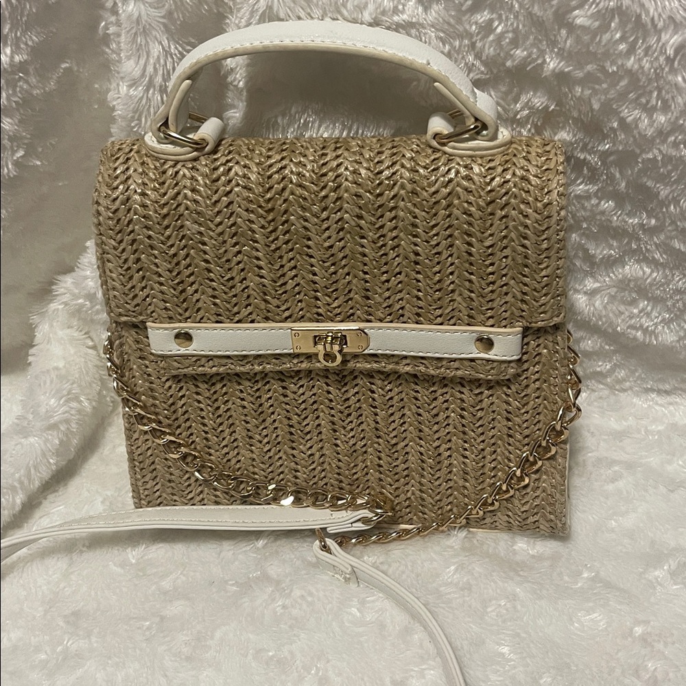 Chic Tan and White Woven Handbag